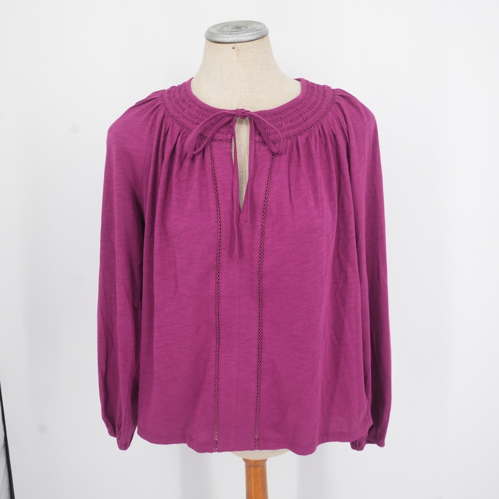 Boden Georgia Smocked Jersey Top Womens 8 Purple Boho Crochet Long Sleeve Blouse
